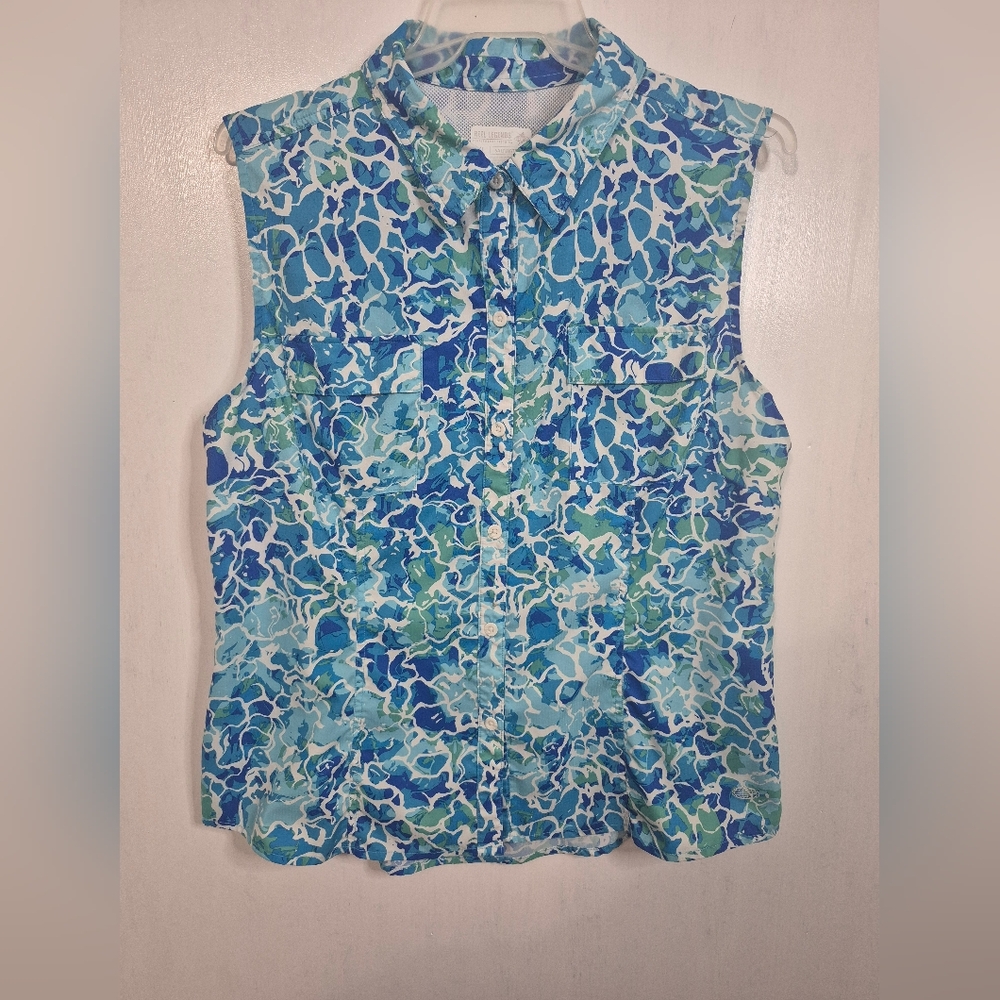 Reel Legends Blue and Green Sleeveless Button Down Shirt